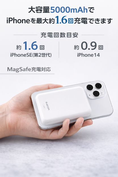 MagSafe対応 モバイルバッテリー 5000mAh ワイヤレス充電 12W出力 エレコム EC-C08｜iPhone12/13/14対応 薄型 軽量