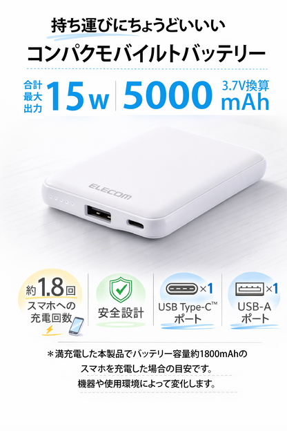 薄型コンパクトモバイルバッテリー 5000mAh 15W高出力・PSE適合｜持ち歩きにいいもの